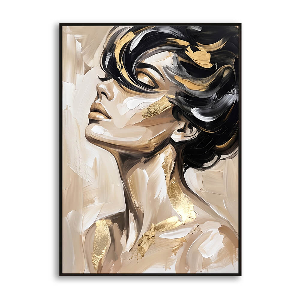 Close-up detail shot of a hand-painted canvas featuring thick textured brushstrokes, black hair, and metallic gold leaf highlights on a woman's profile.