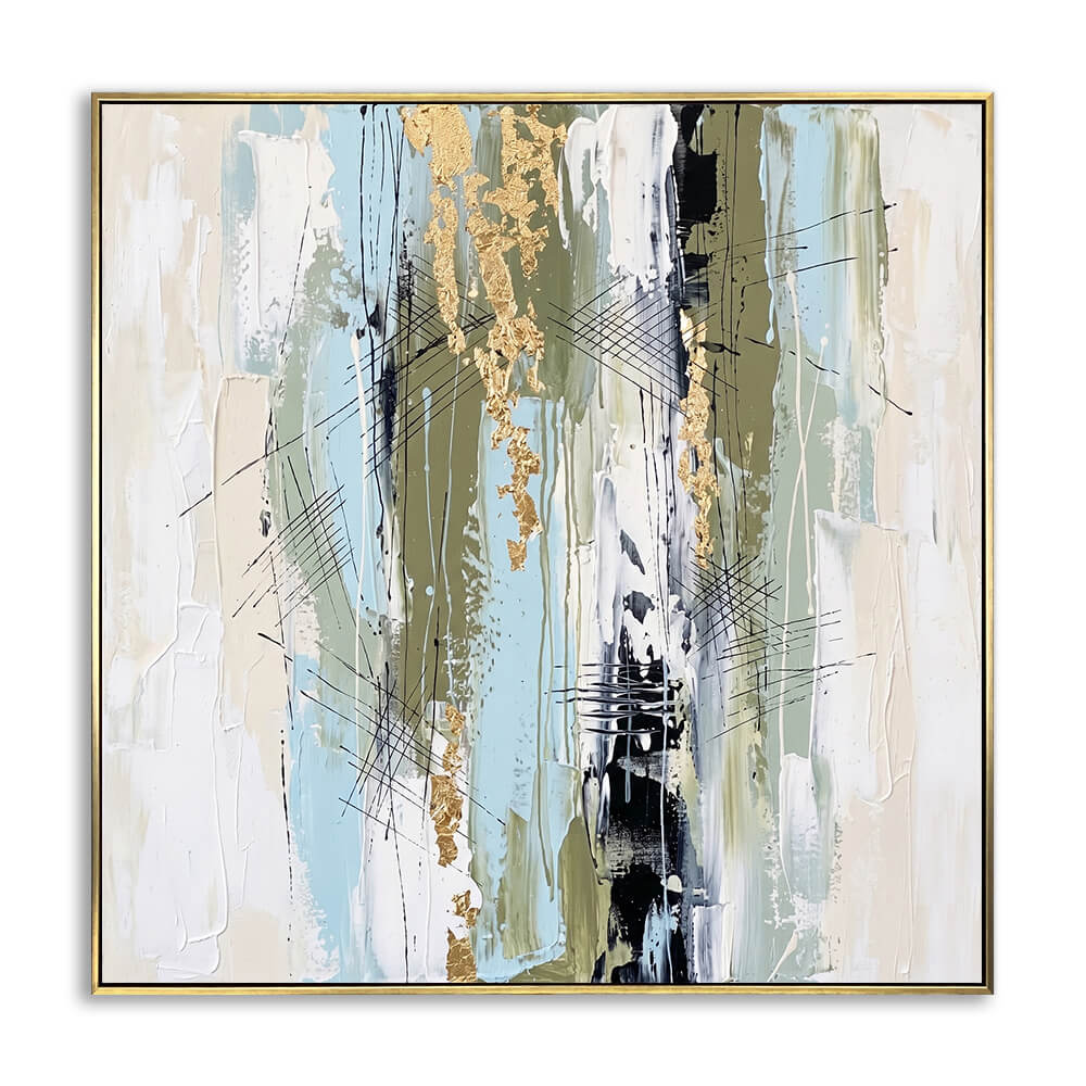 Hand painted neutral abstract canvas with vertical pastel blue sage streaks, shimmer gold foil, thin intersecting ink lines, soft layered brushwork
