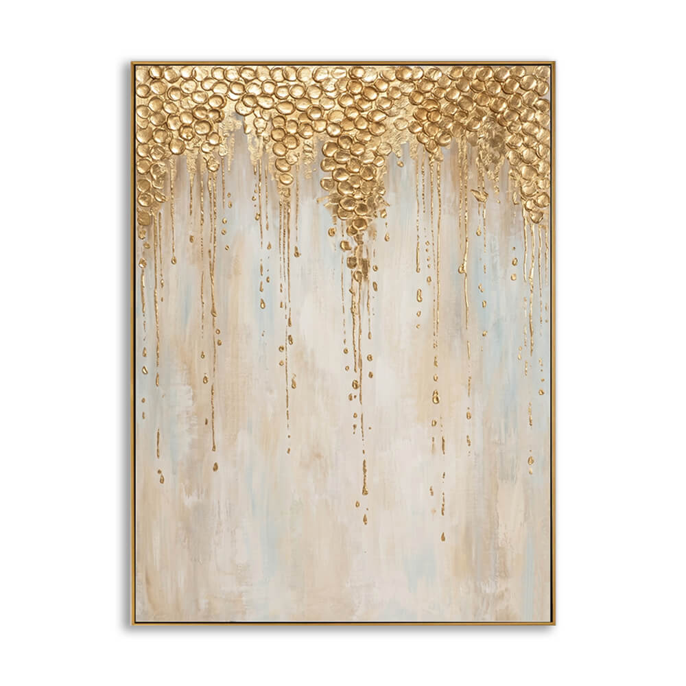 Hand-painted luxury dripping gold foil abstract canvas, soft cream pale blue neutral background, metallic gold streaks, thin gold frame, isolated white background