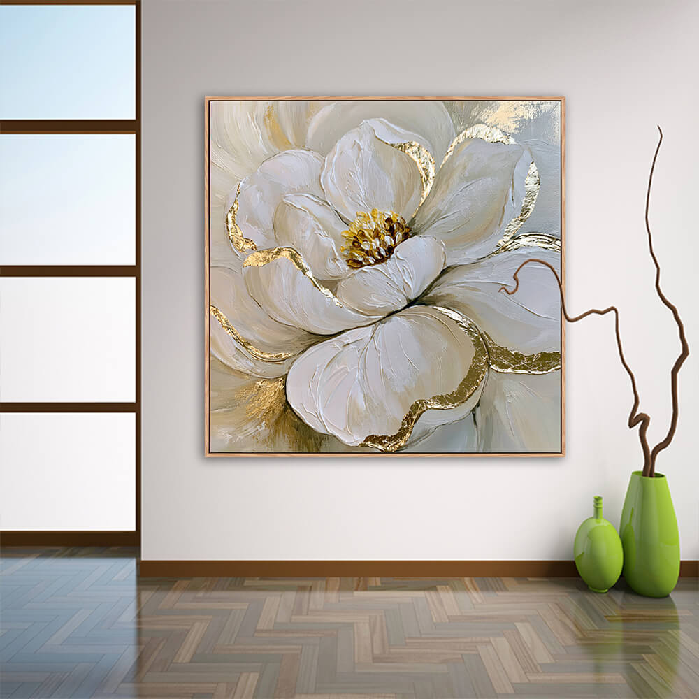 Elegant white peony gold leaf canvas wall art hung in minimalist entryway with herringbone wood flooring, glossy green vases and twisted dry branch decor