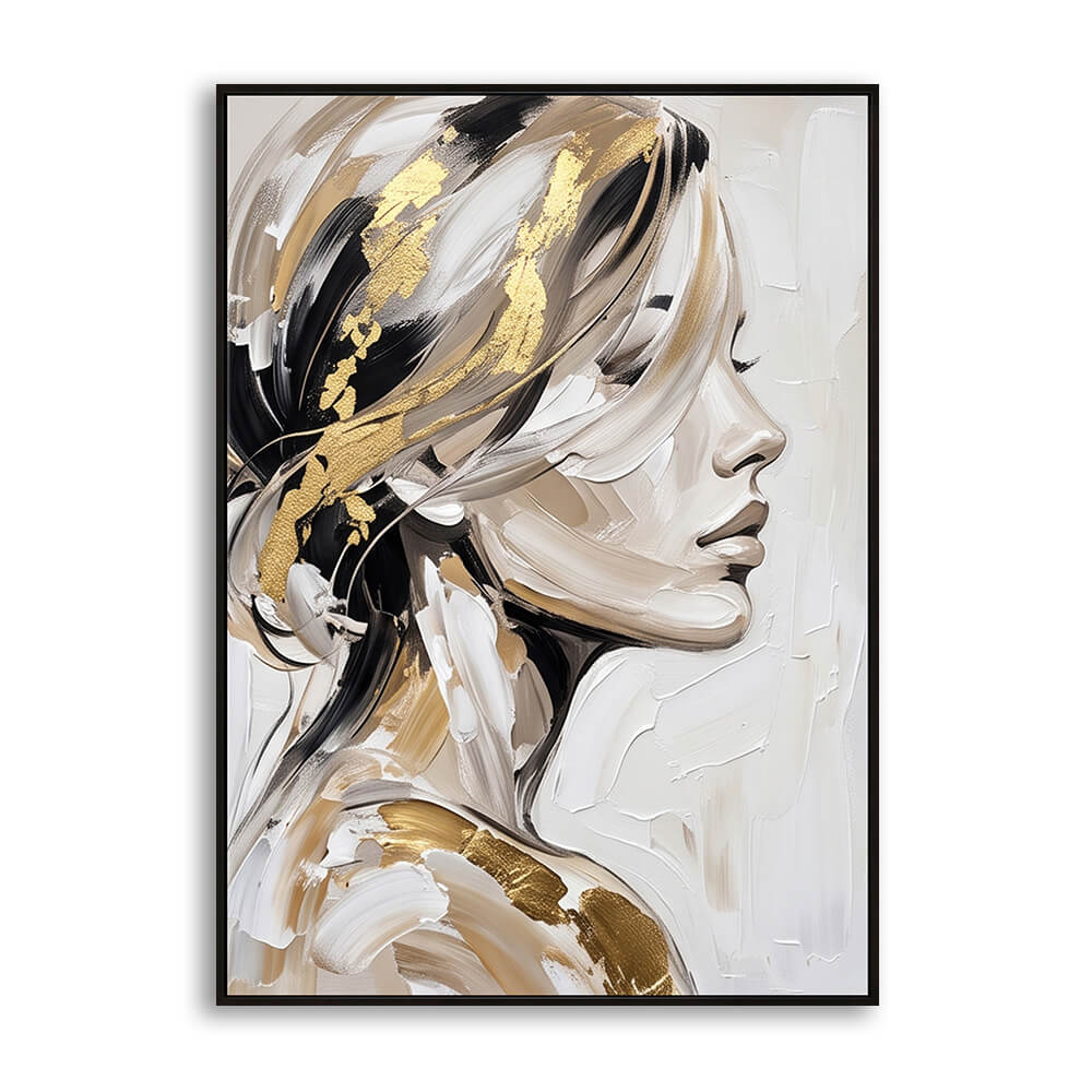 Close-up detail shot of a hand-painted canvas featuring thick textured brushstrokes and metallic gold leaf highlights on a woman's profile.