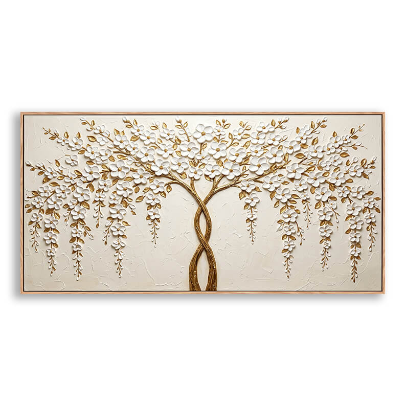 Original hand painted canvas featuring intertwined golden tree trunks with cascading white 3D flowers, heavy impasto texture on cream background, tree of life artwork for modern home decor