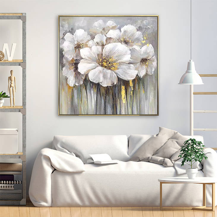 Hand Painted White Floral Canvas Art | Gold Accent Modern Abstract Painting #YX295
