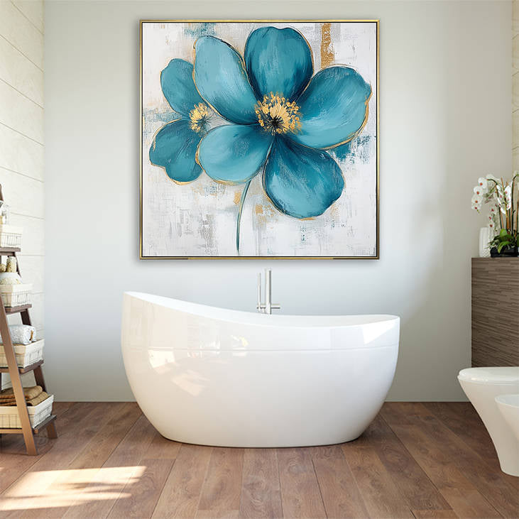 Hand Painted Teal Flower Canvas Wall Art with Gold Accents #YX299
