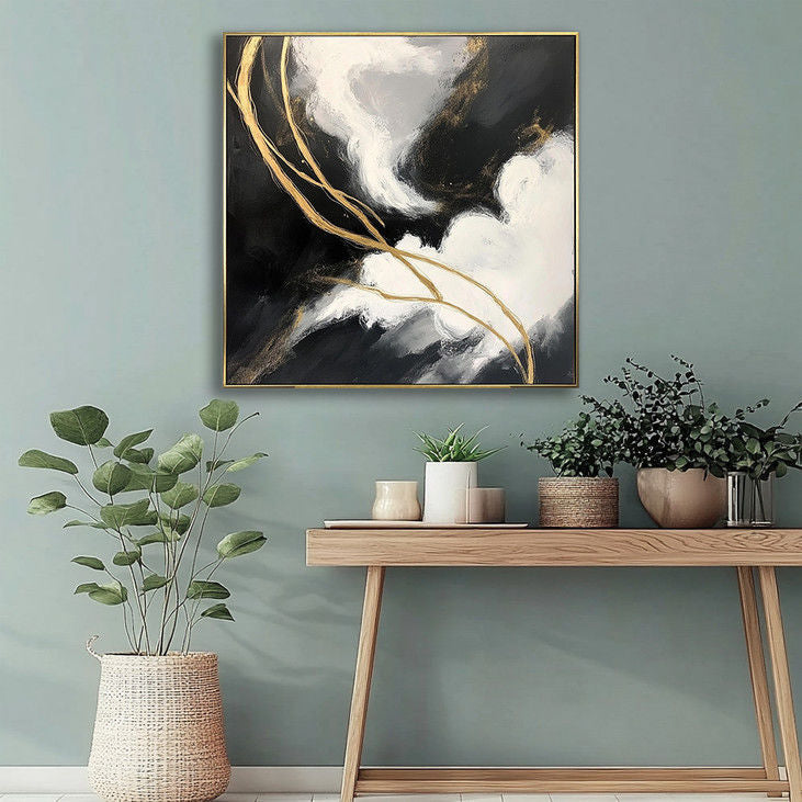 Modern Gold & Black Abstract Canvas Painting #YX37