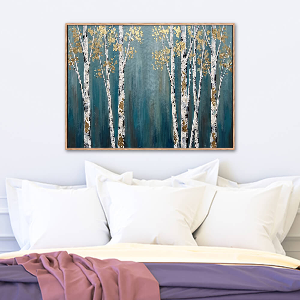 Neutral bedroom setting, horizontal luxury birch tree wall decor, sculptural textured birch grove canvas over bed pillows