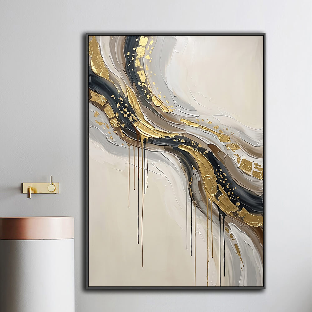 Framed luxury gold drip abstract canvas mounted beside bathroom vanity
