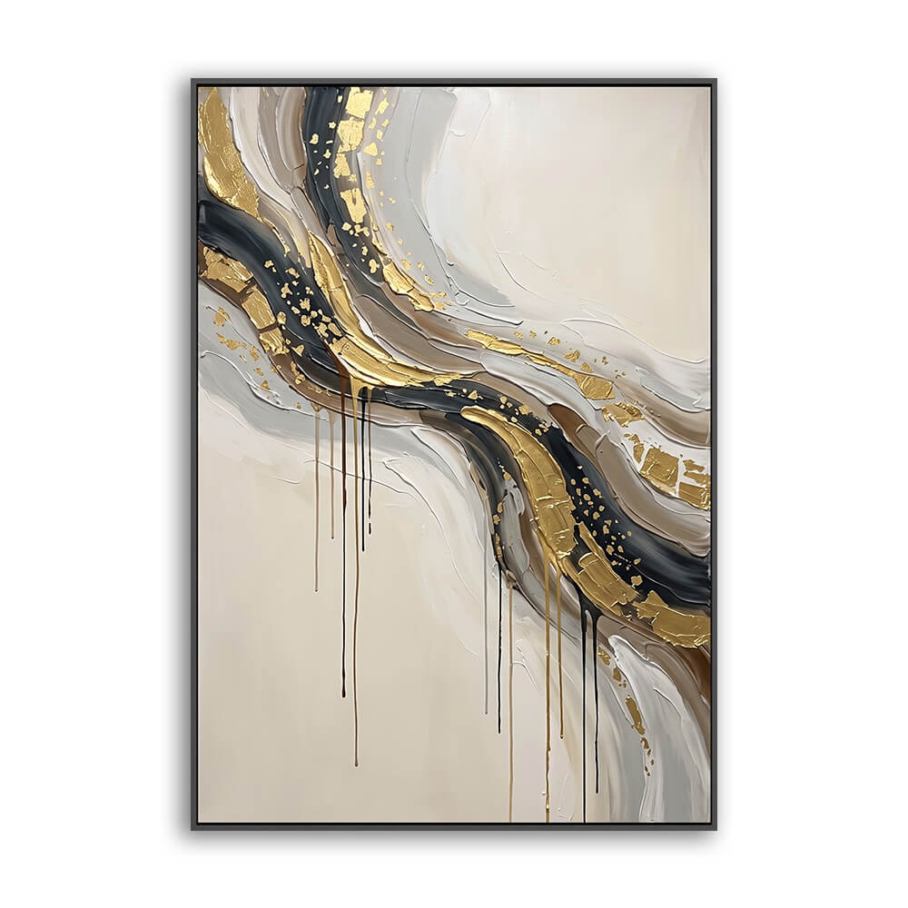 Vertical hand painted abstract canvas, flowing gold foil streams with paint drips, cream beige base, soft layered brushwork