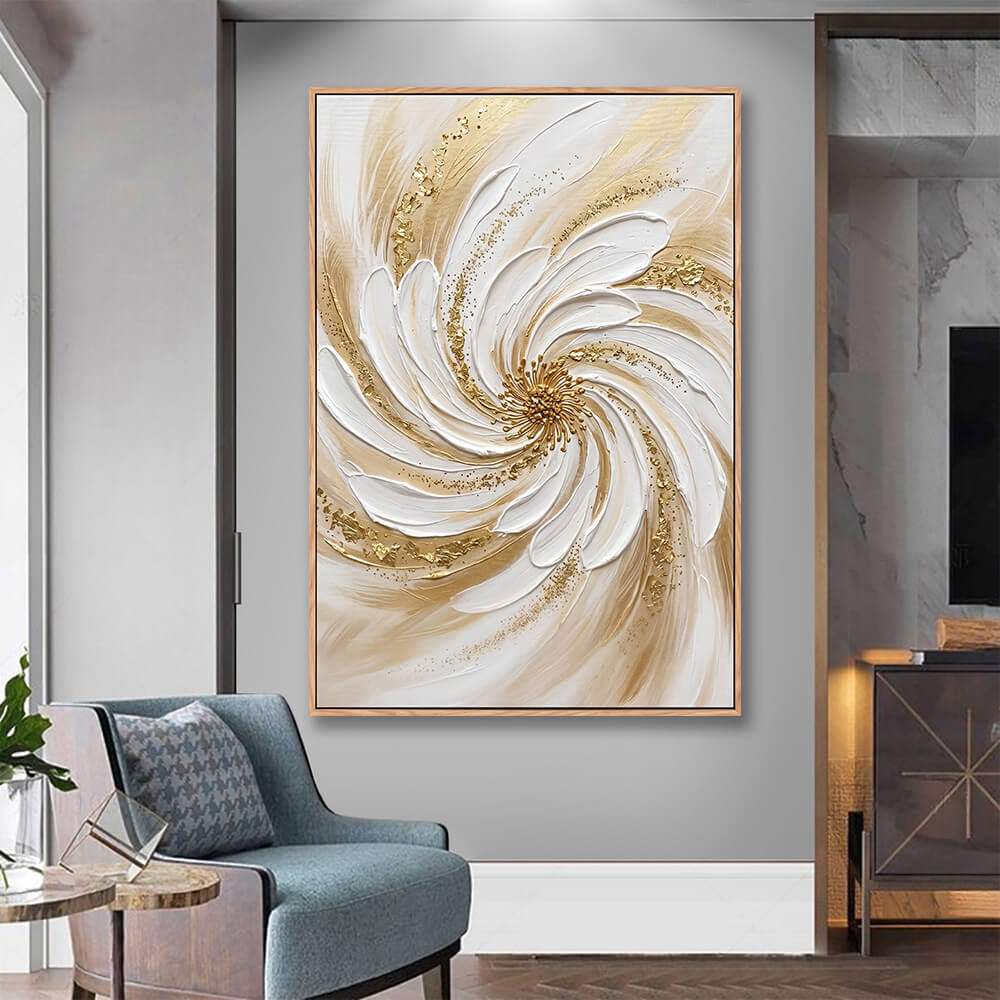 Framed luxury white gold floral abstract canvas mounted beside bathroom vanity