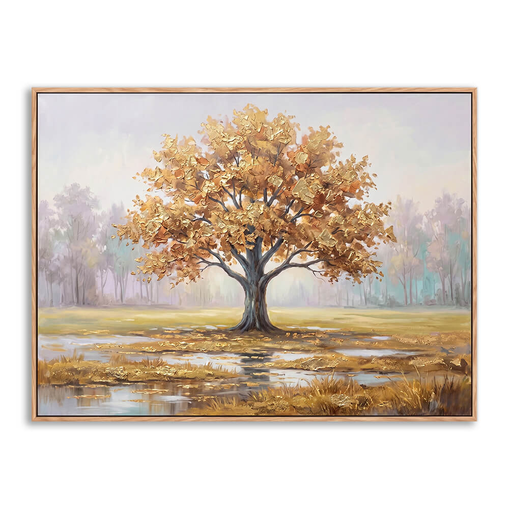 Hand painted golden Tree of Life in misty purple landscape with thick textured 3D leaves