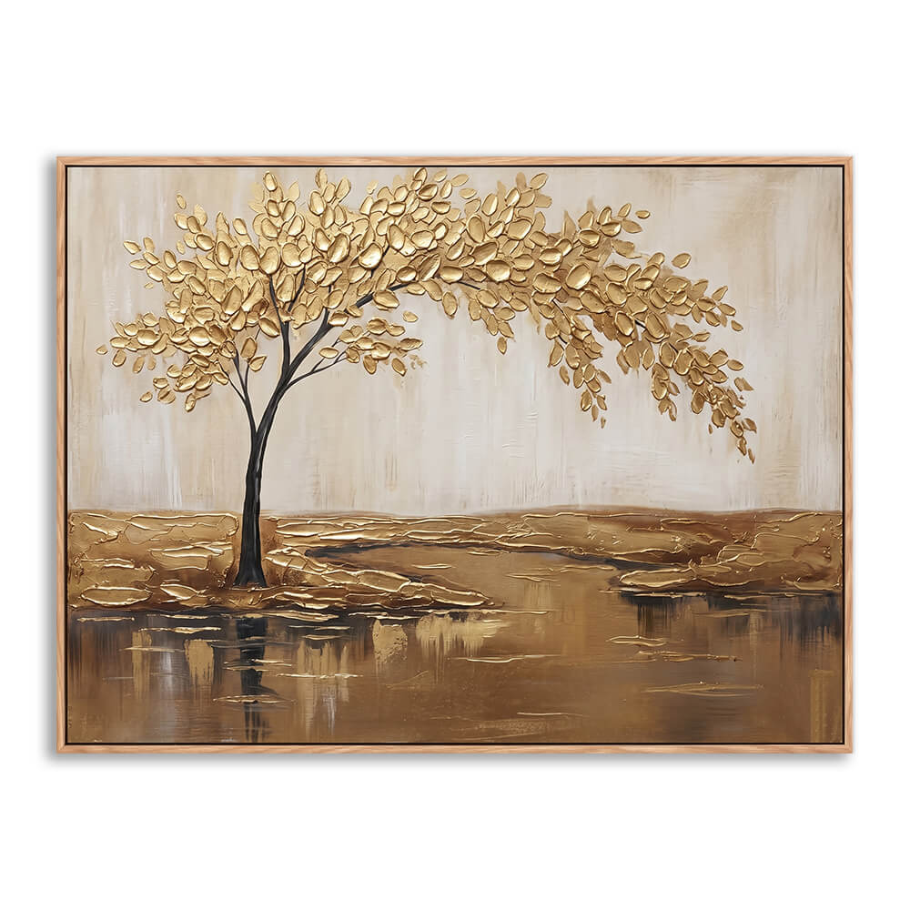 Hand painted golden tree landscape with thick textured 3D leaves on neutral beige background