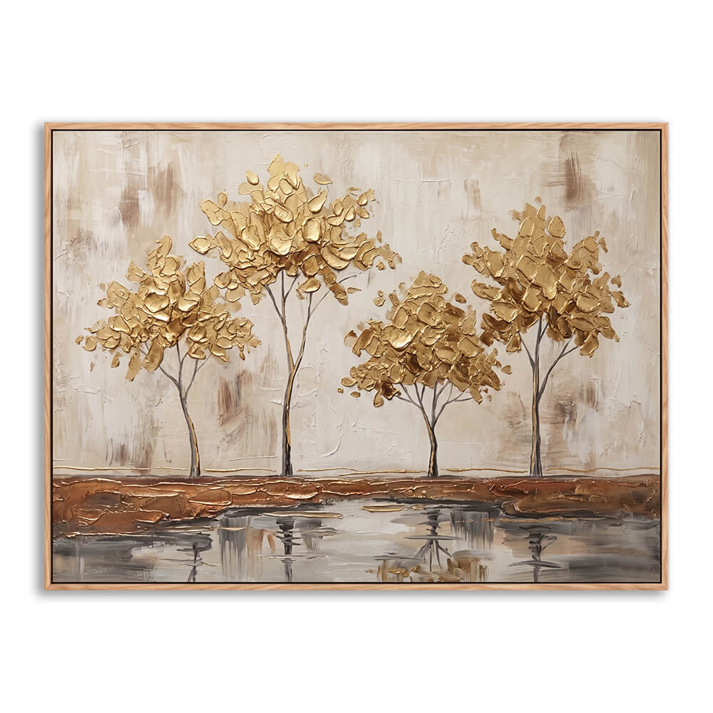 Hand painted four golden trees landscape with thick textured 3D leaves on neutral beige background