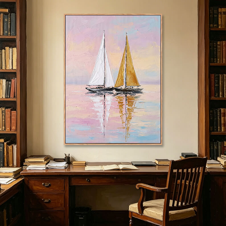 Two sailboats with white and golden sails painting with calm water reflection, pink and blue sunset sky, heavy impasto texture, romantic coastal artwork