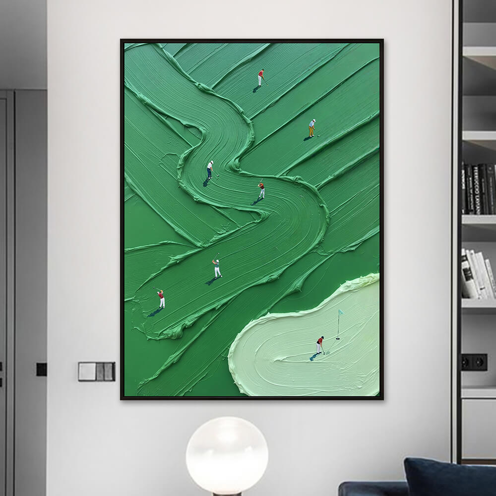 Interior styling view of Emerald Fairway hand painted golf wall art artwork hanging in a modern apartment interior.
