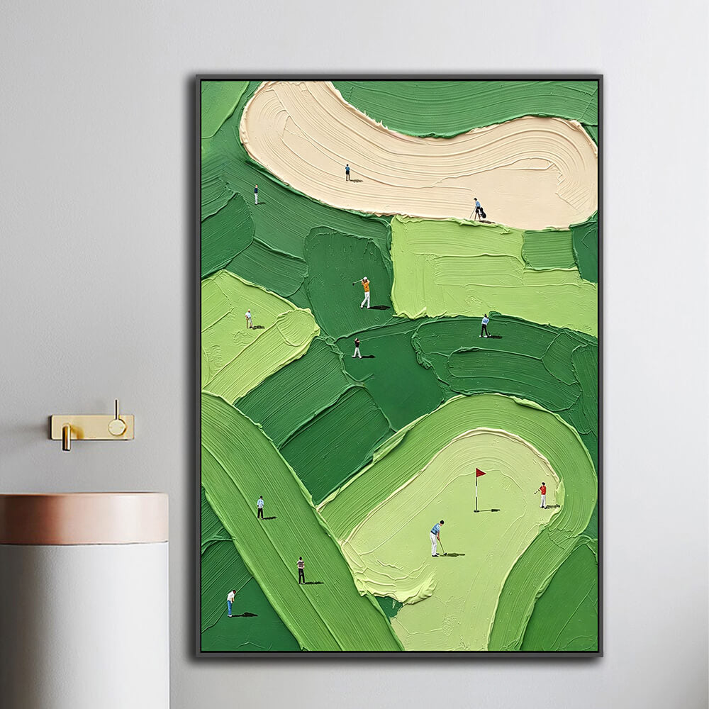 Framed curved fairway golf hand painting mounted on hallway wall beside modern bathroom fixture