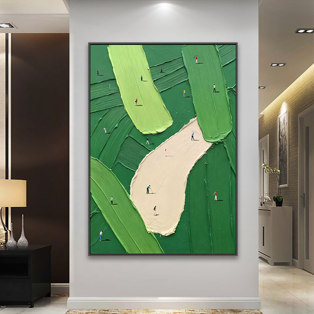 Golf landscape canvas decorating spacious luxury lobby interior with side cabinets