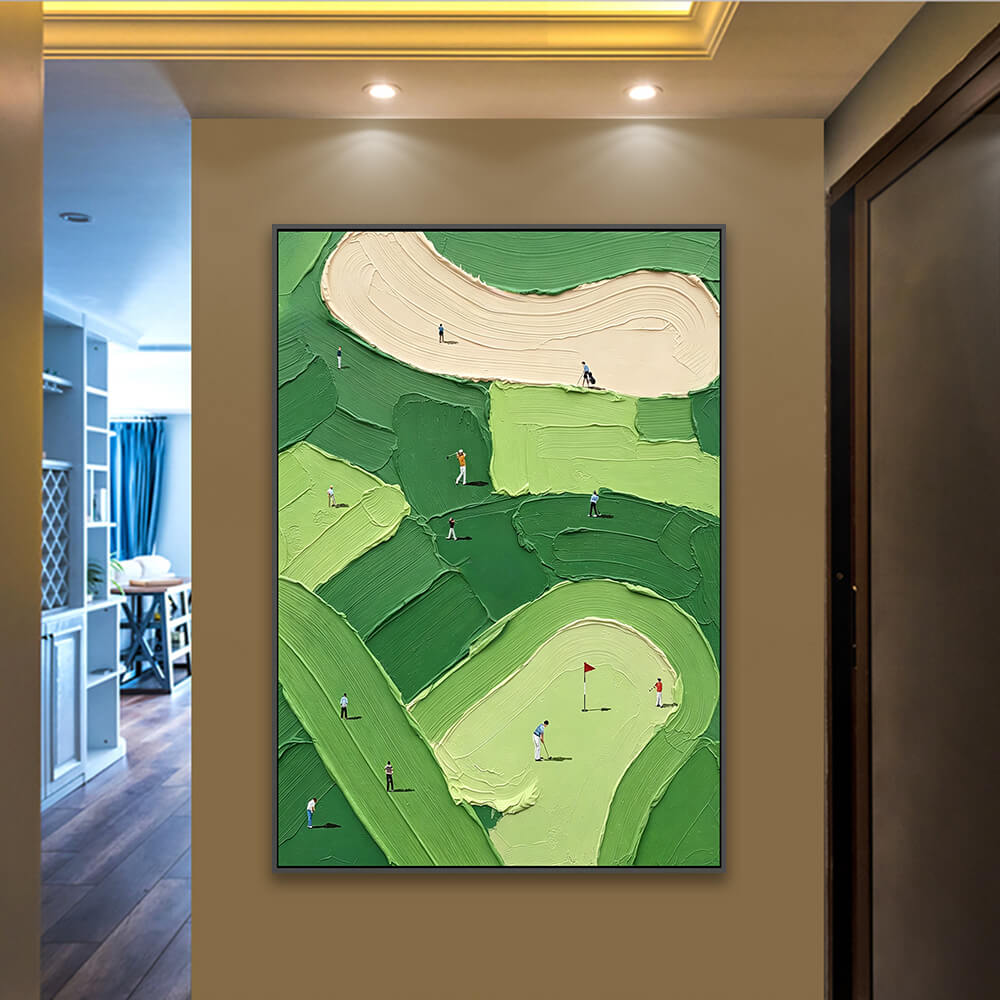 Textured golf course artwork installed along formal corridor with recessed ceiling spotlights