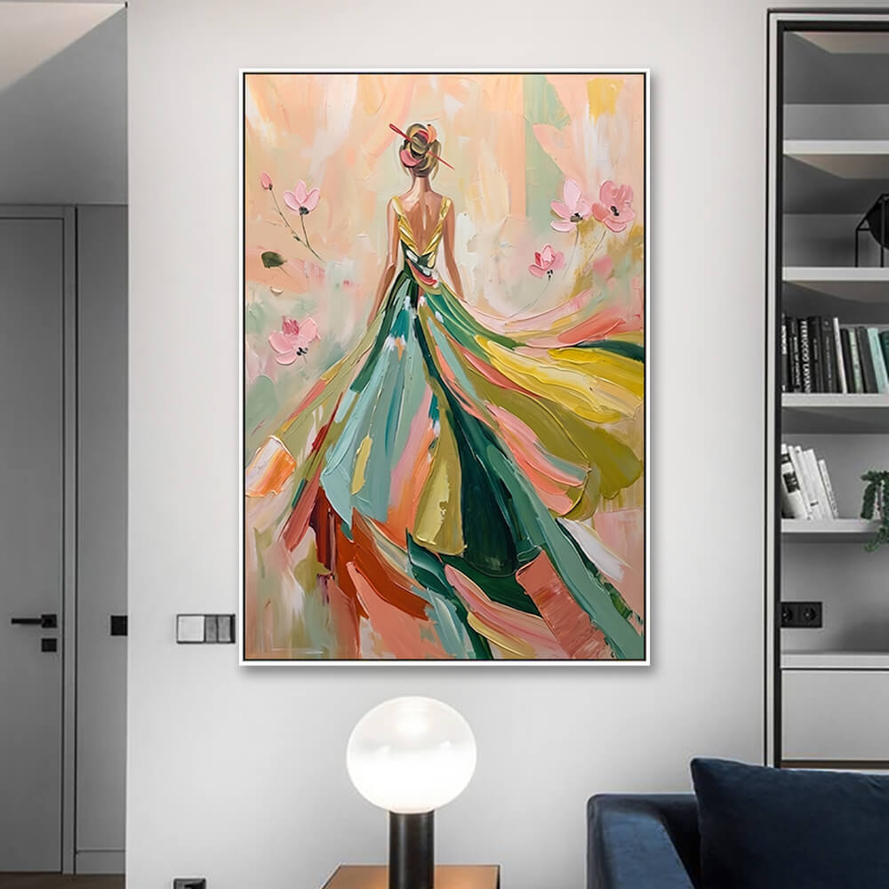 Pastel romantic figurative canvas hung above sofa for living room styling