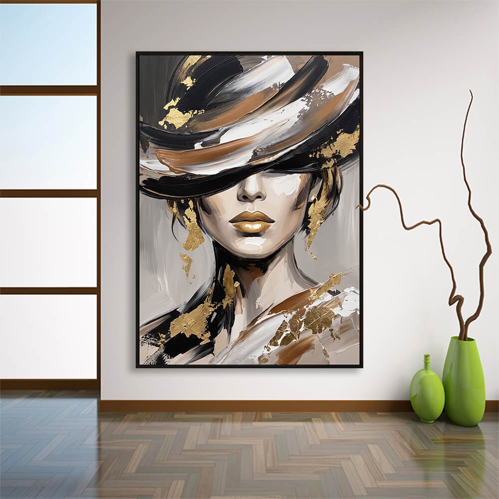 Spacious contemporary room interior highlighting a large-format hand-painted canvas artwork featuring abstract facial contours and gold leaf details.