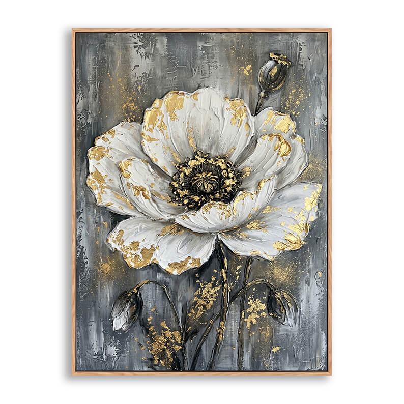 Vertical hand painted canvas featuring large sculpted white poppy flower with gold leaf accents on grey distressed background, three buds, heavy 3D impasto texture, vintage elegant floral artwork