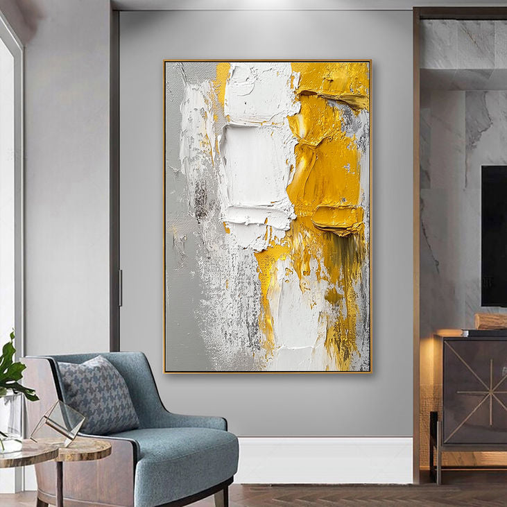 Abstract Canvas Art: Modern Yellow and White #YX193