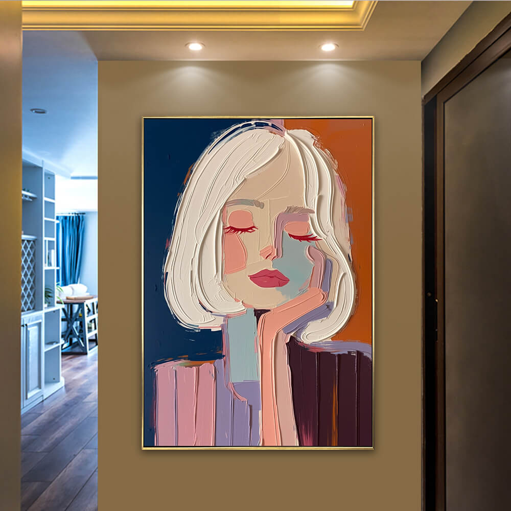 Original hand-painted abstract woman art piece mounted securely in a warm lit hallway interior design.