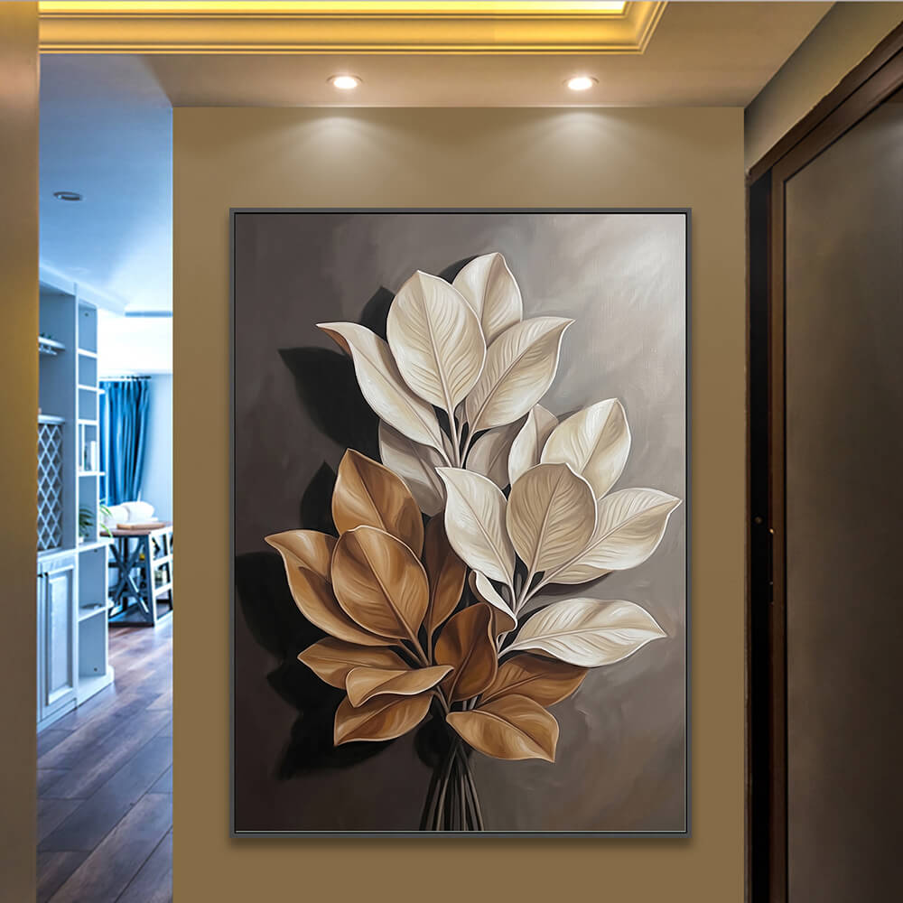 Original hand-painted abstract foliage art piece mounted securely in a warm lit hallway interior design.