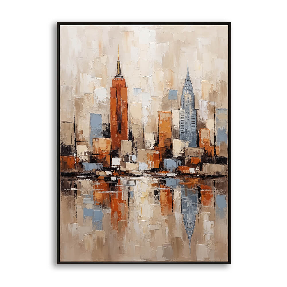 Studio front view showcasing Urban Horizon, an original 100% hand-painted abstract cityscape wall art featuring architectural skyline silhouettes in warm amber and blue tones.
