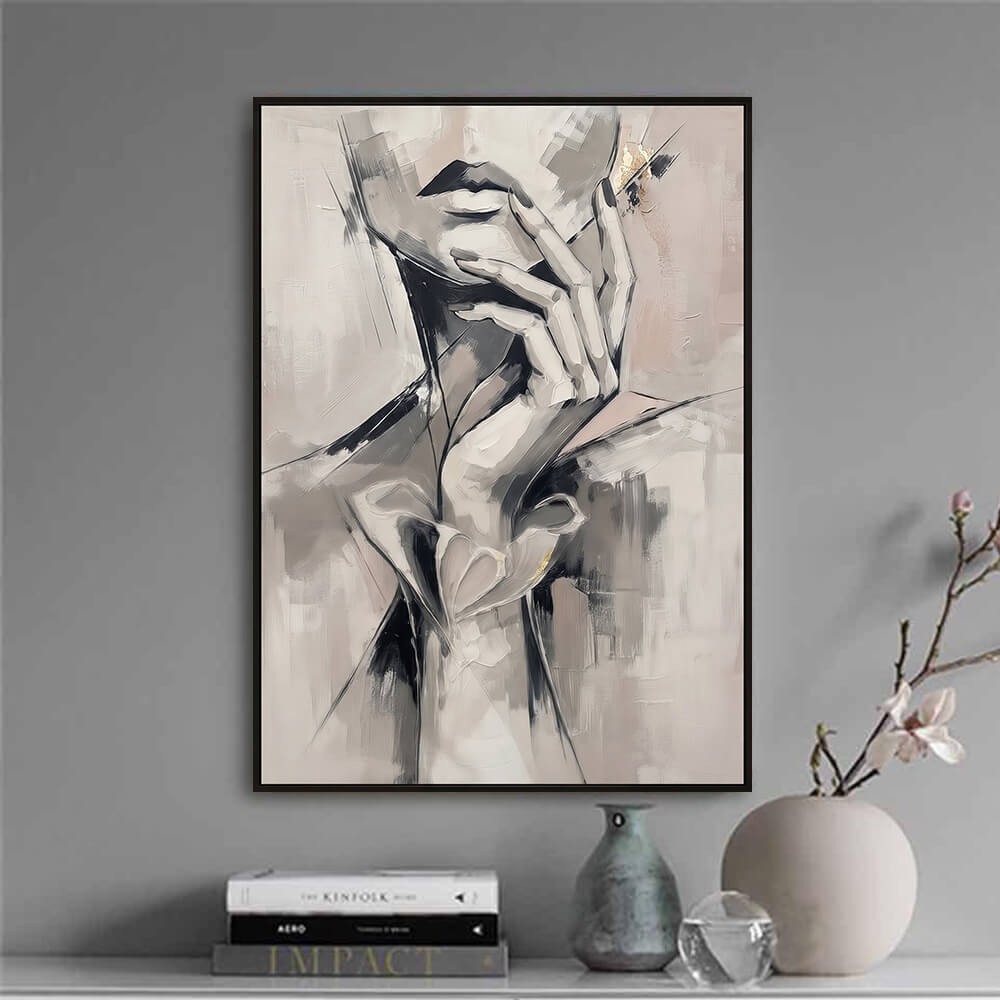 Elegant tabletop shelf styling view featuring Silent Grace canvas art placed near books and minimalist decor elements.