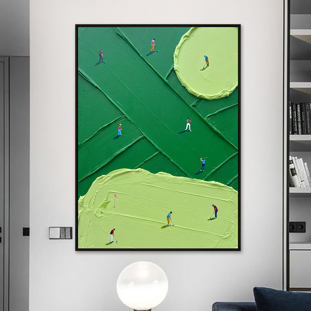 Interior styling view of Emerald Fairway hand painted golf wall art artwork hanging in a modern apartment interior.
