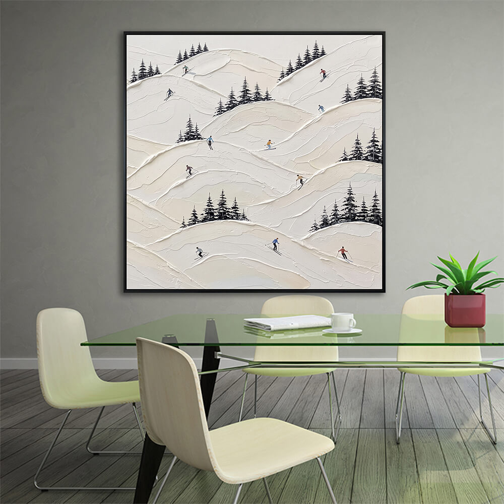 Interior styling view of Frosty Peaks hanging in a modern dining room above a glass-topped table set with chairs.