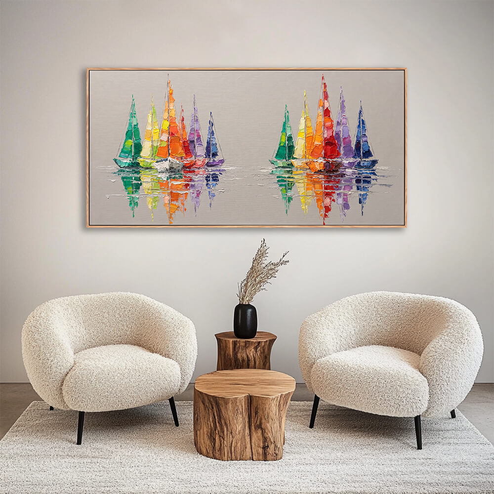 Hand painted sailboat artwork above wooden coffee table in cozy reading lounge area
