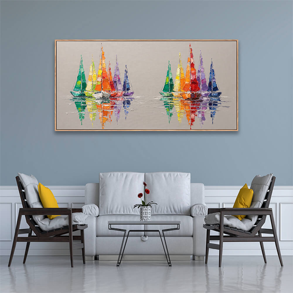 Vibrant fleet seascape canvas installed in classic formal living room with wainscoting