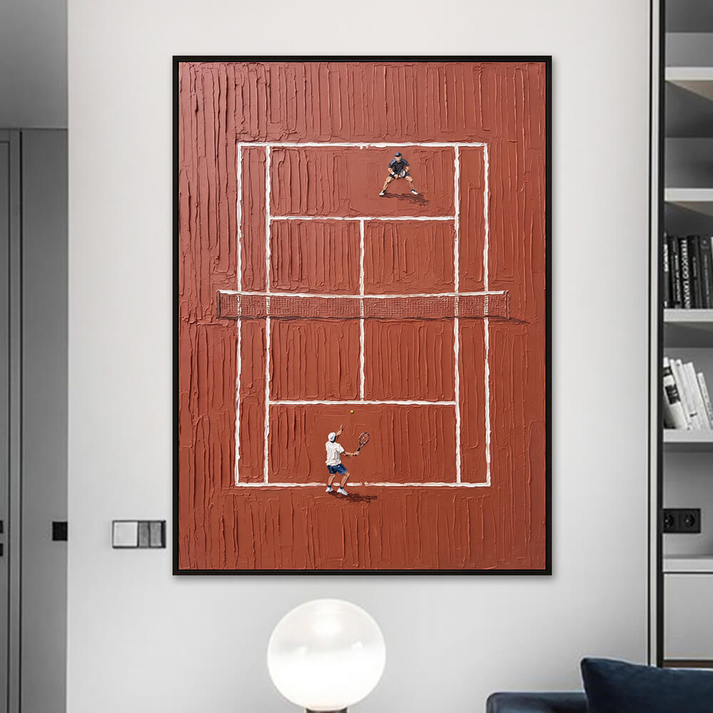 Interior styling view of Red Clay Tennis Court hand painted tennis wall art artwork hanging in a modern apartment interior.