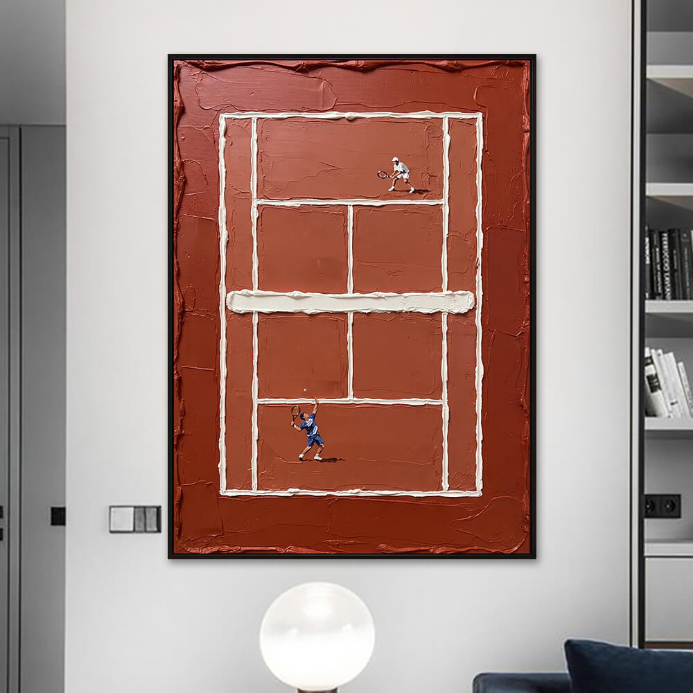 Interior styling view of Clay Court Match hand painted tennis wall art artwork hanging in a modern apartment interior.