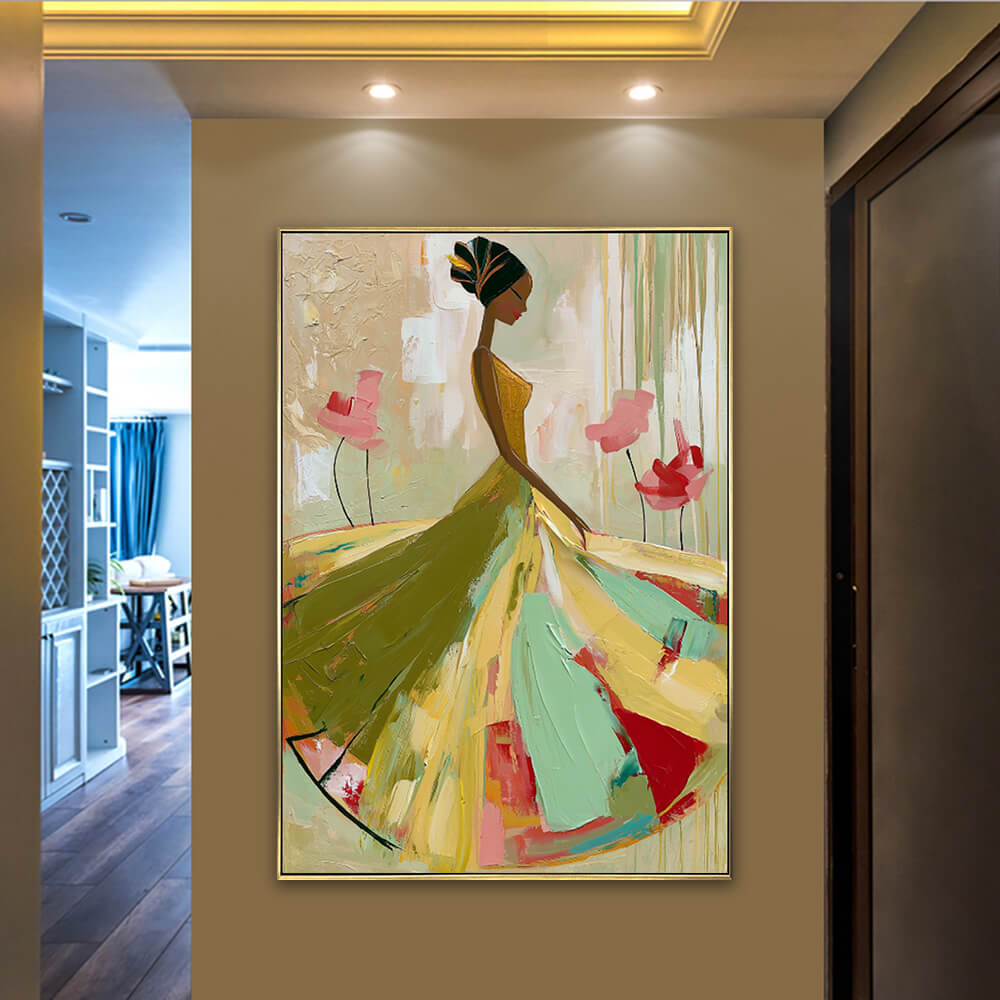 Interior styling view of Ethereal Grace hand painted woman wall art artwork hanging in a warm hallway entrance.