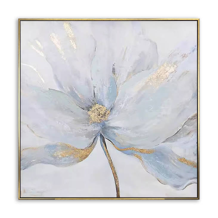 Hand Painted Blue Floral Canvas Wall Art with Gold Accents #YX294