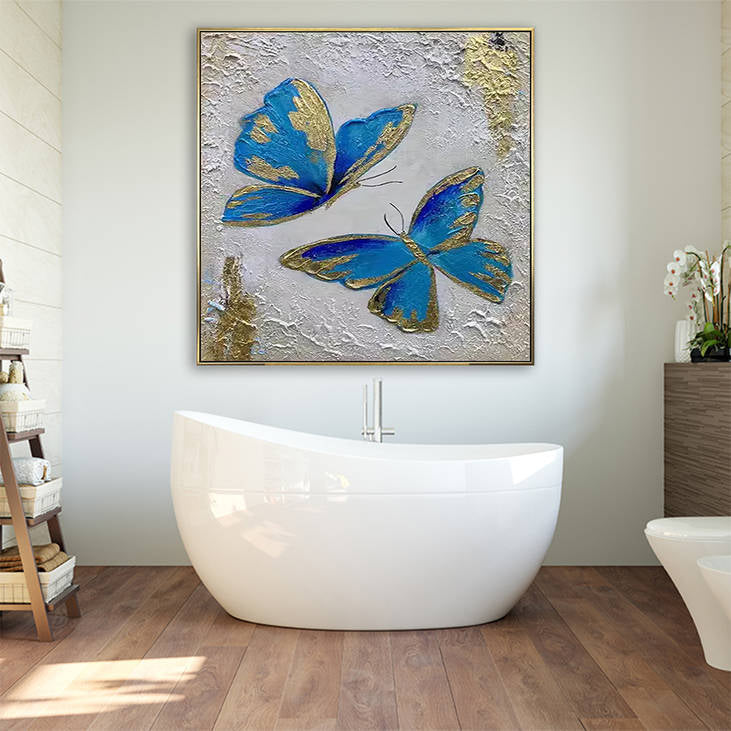 Hand Painted Blue & Gold Butterfly Textured Canvas Wall Art #YX293