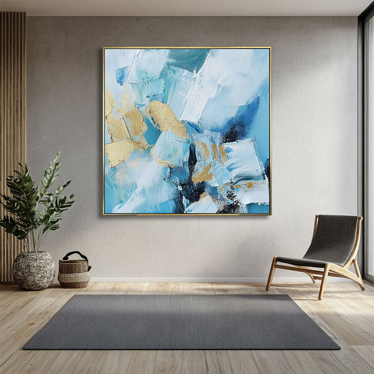 Gold-Accented Blue Abstract Handmade Canvas #YX17