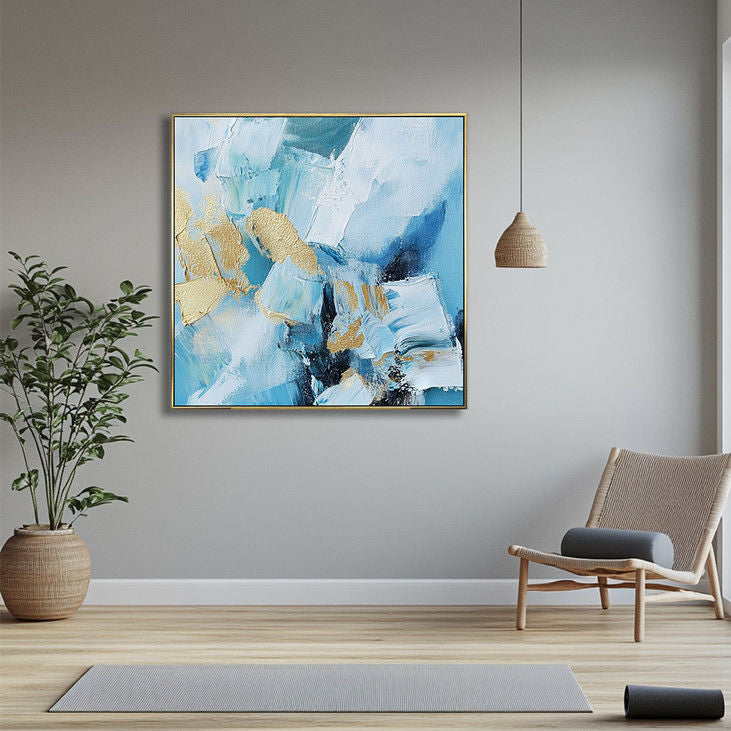 Gold-Accented Blue Abstract Handmade Canvas #YX17