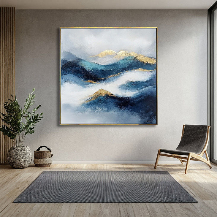 Blue Mountain Abstract Canvas with Gold Peaks #YX18
