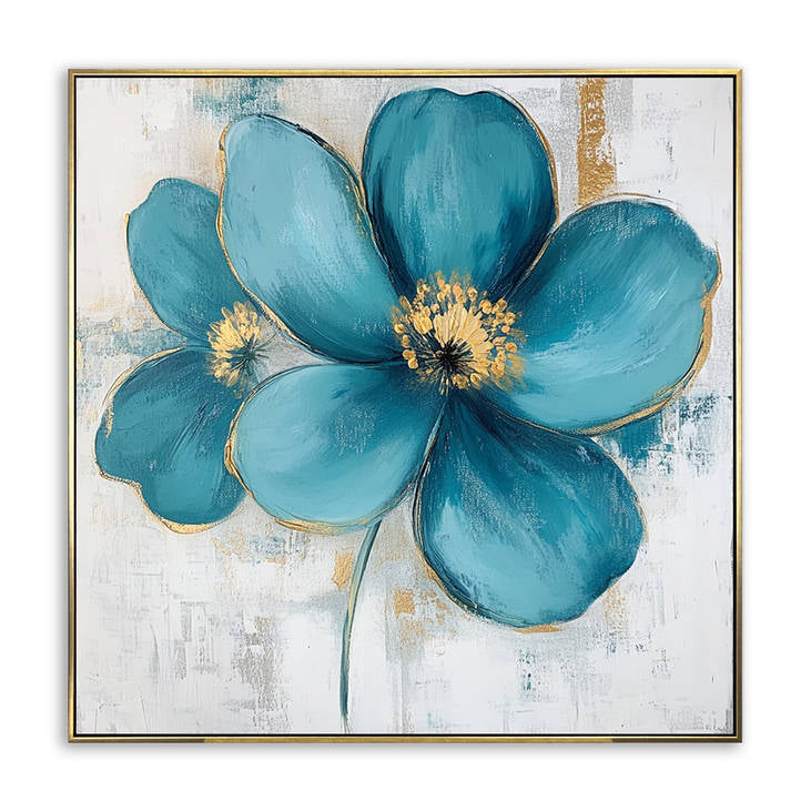 Hand Painted Teal Flower Canvas Wall Art with Gold Accents #YX299