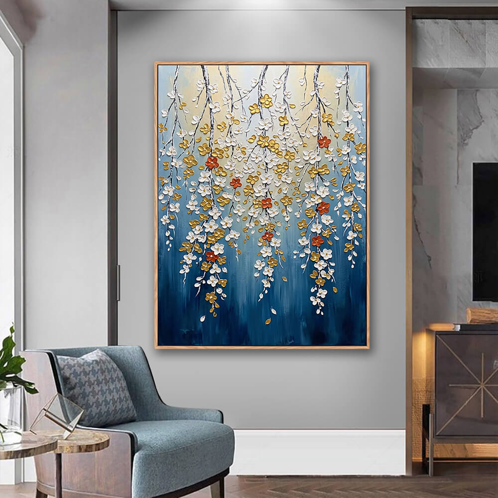 Modern living room interior, framed vertical impasto trailing flower wall art, navy blue base cascading blossom canvas, contemporary neutral home styling