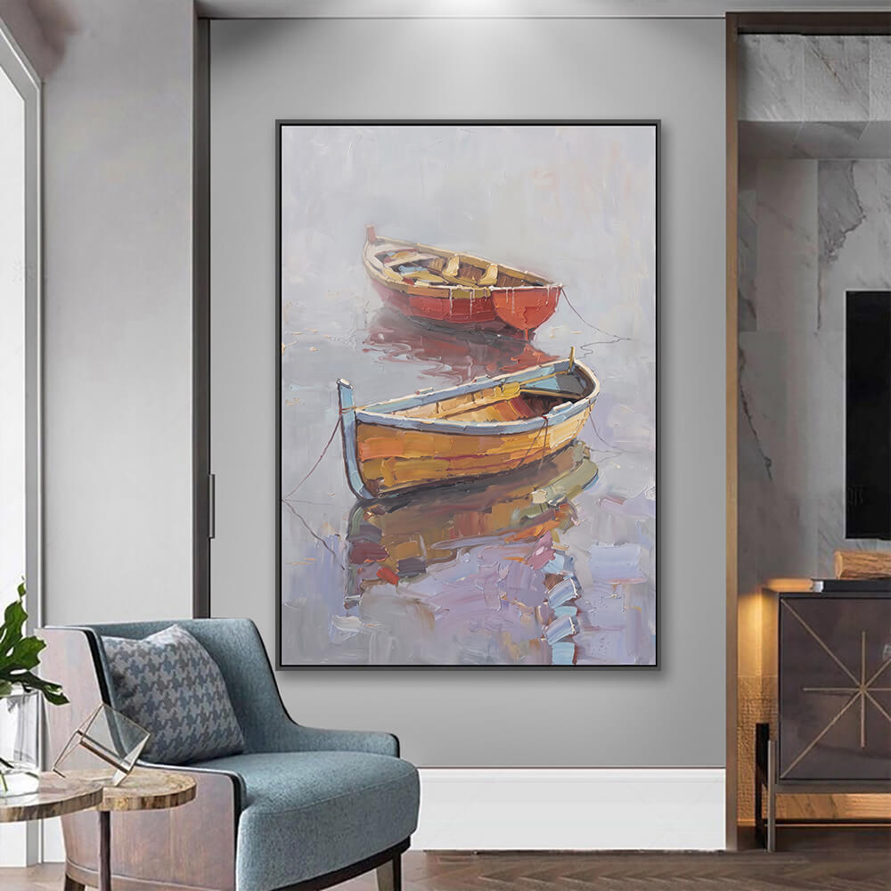 Vertical nautical canvas hung inside entryway next to upholstered accent chair