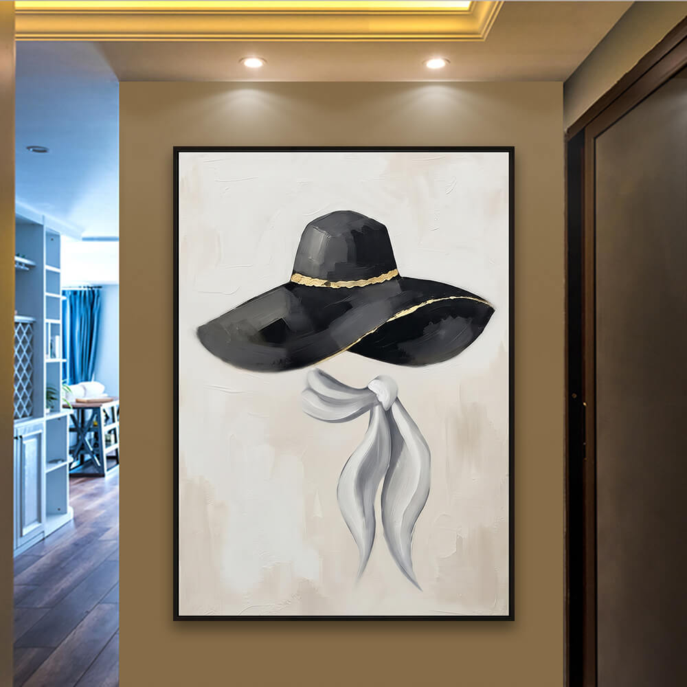 Hallway presentation view of Noir Silhouette hand painted painting mounted near a modern warm entryway corridor.