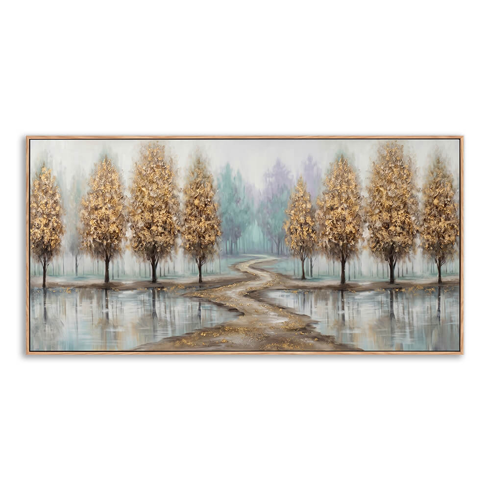 Detailed view of a hand-painted panoramic landscape canvas showing heavy 3D palette knife texture on golden autumn trees.