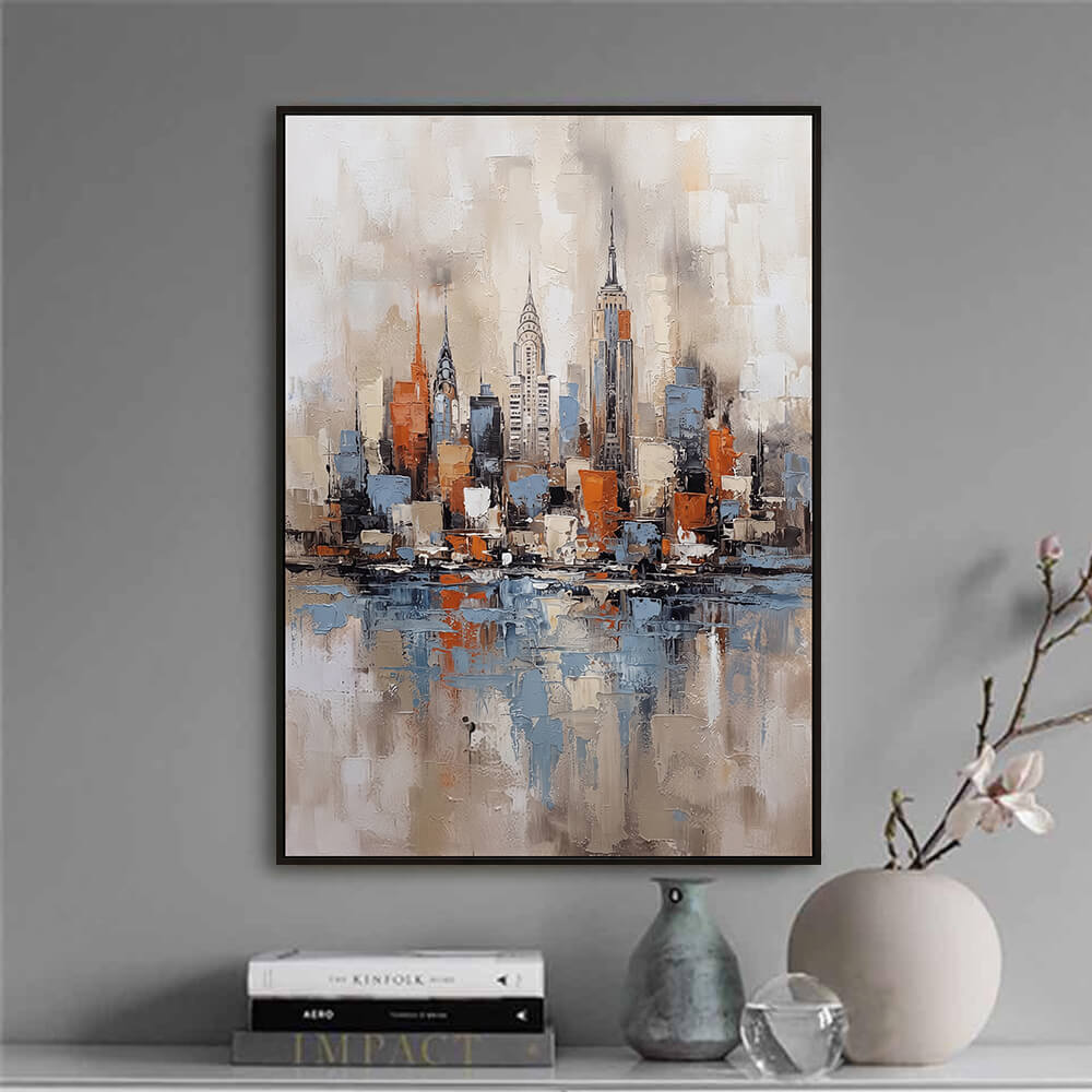 Elegant tabletop display featuring City Reflection decor hanging near a minimalist console and vase.