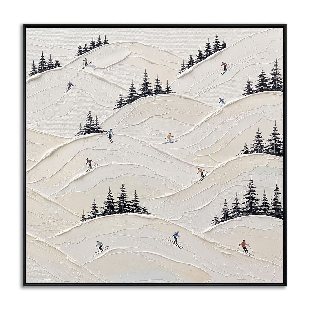 Studio front view of Frosty Peaks heavy texture hand painted canvas featuring rolling snowy hills, pine trees, skiers, and three tiny child skiers representing boys aged 10, 7, and 5.