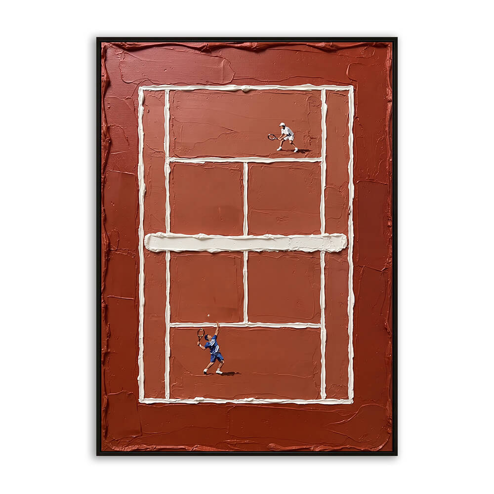 Studio front view of Clay Court Match heavy texture tennis painting wall art featuring a red clay court, white boundary lines, and competing tennis players.