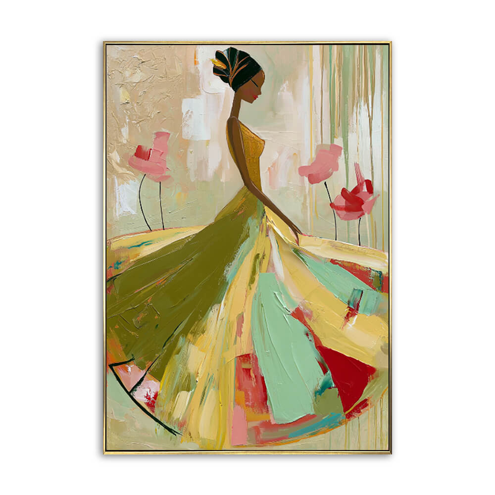 Studio front view of Ethereal Grace heavy texture woman portrait painting wall art featuring an abstract female figure in a colorful gown.